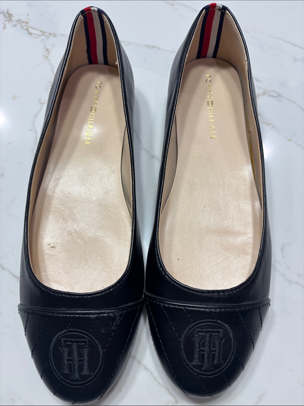 Tommy Hilfiger Black Quilted Logo Leather Flats